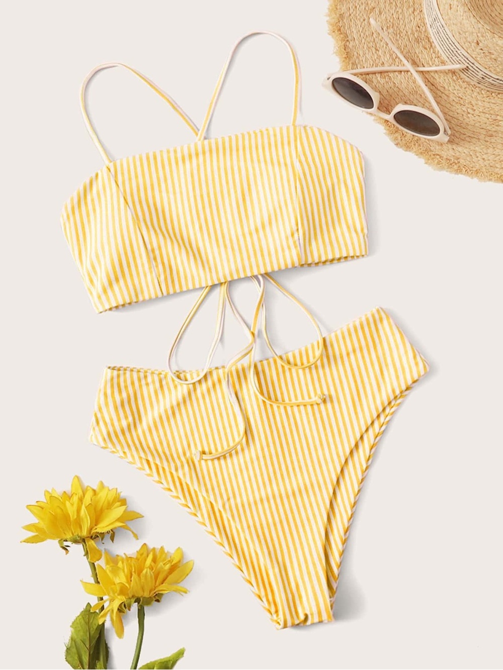 shein Swim Mod Summer Beach Striped High Waist Bikini Set Size Large
